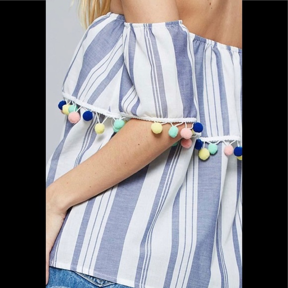 Promesa Striped Off Shoulder Top with Pom Poms. - Picture 13 of 15